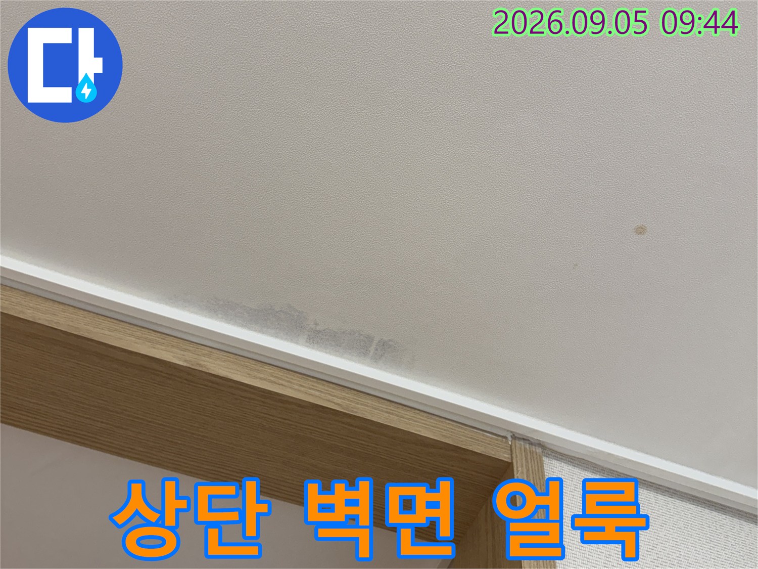 천장 가장자리를 따라 나타난 누수 흔적 부위