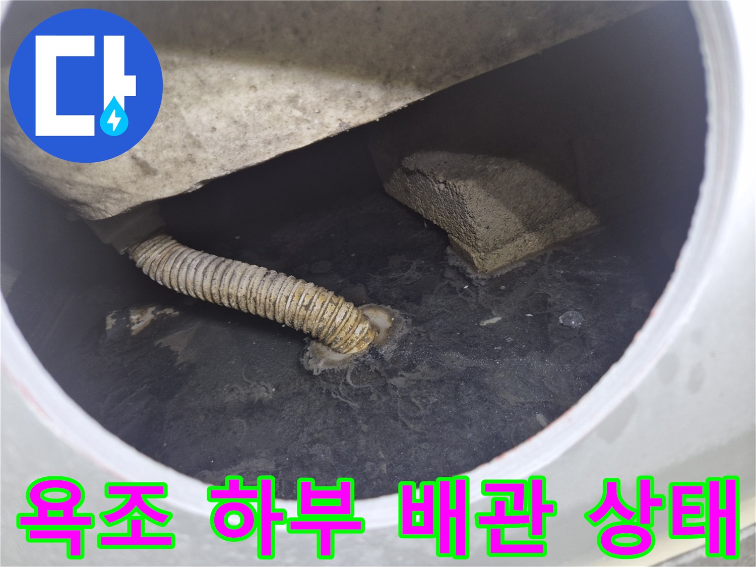 욕조 아래 공간의 파손된 주름관 배관 모습
