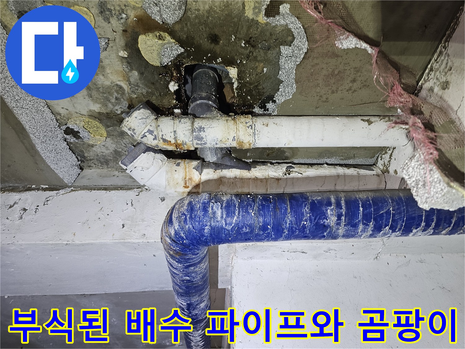 배수 파이프 연결 부위-누수로 인한 곰팡이 및 천장 부식 상태
