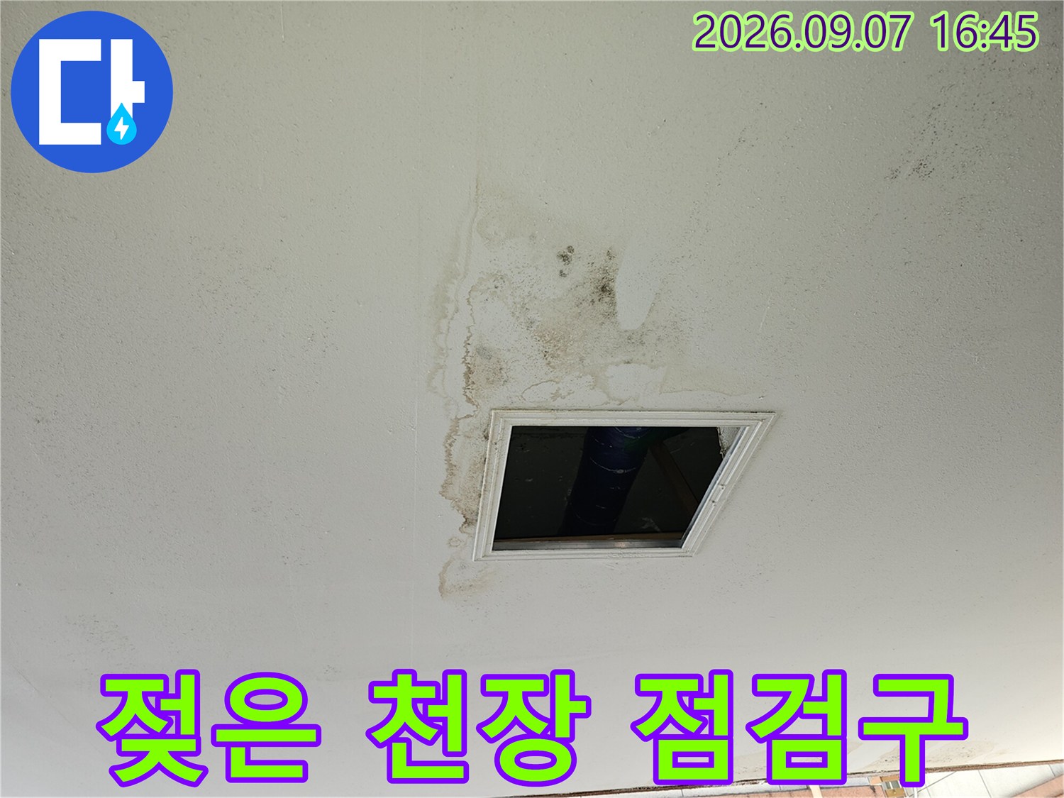 누수로 인해 얼룩지고 곰팡이가 생긴 주차장 천장 부위
