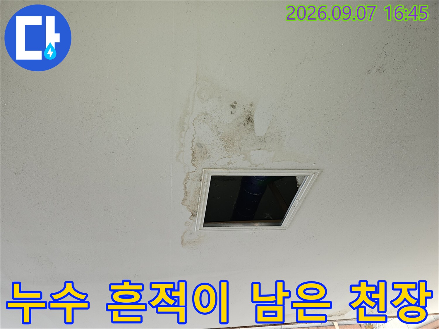 물샘 현상으로 인해 얼룩이 생긴 필로한 주차장 천장