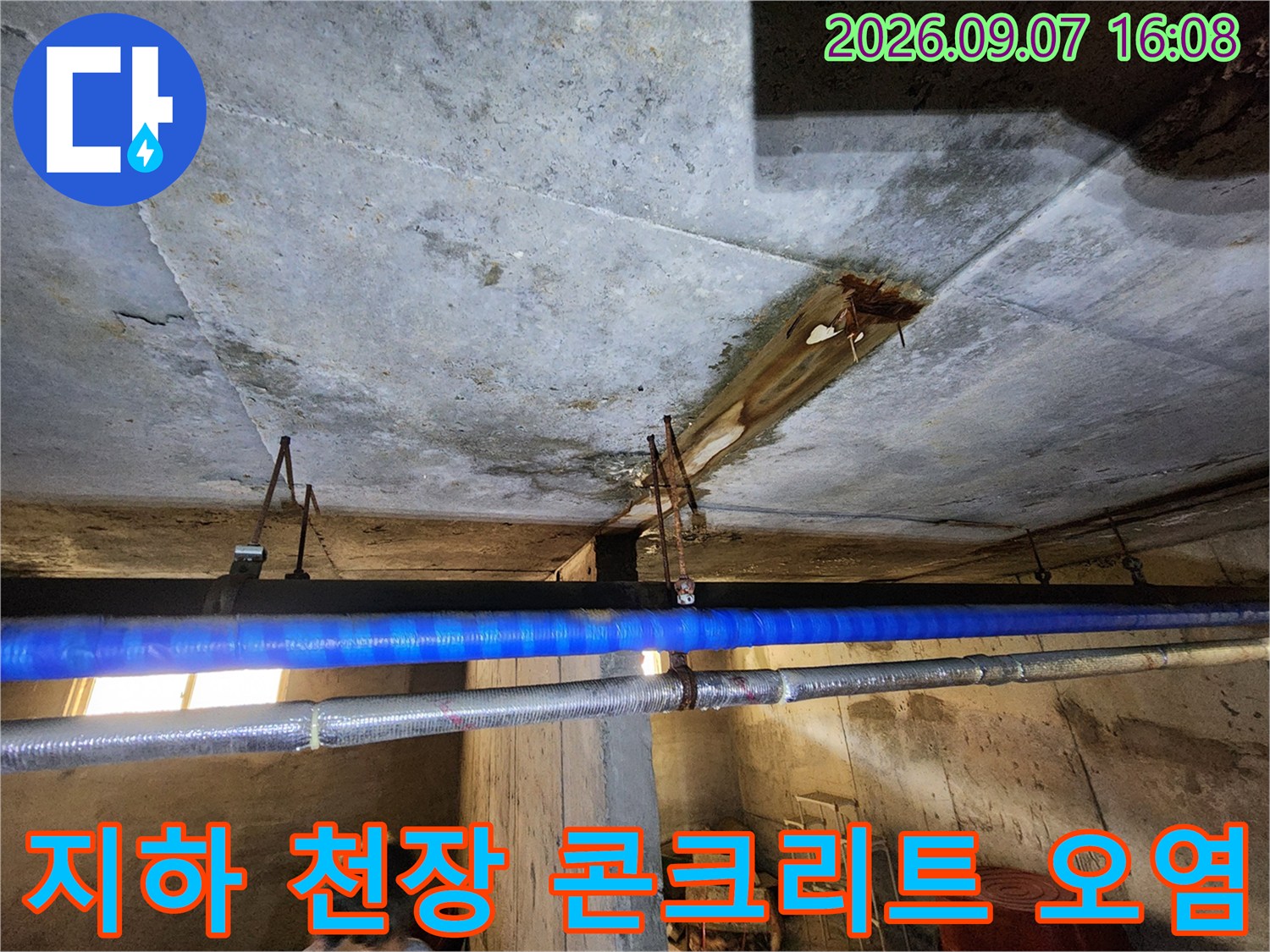 빌라 지하층 천장-배관 주변으로 번진 어두운 누수 얼룩