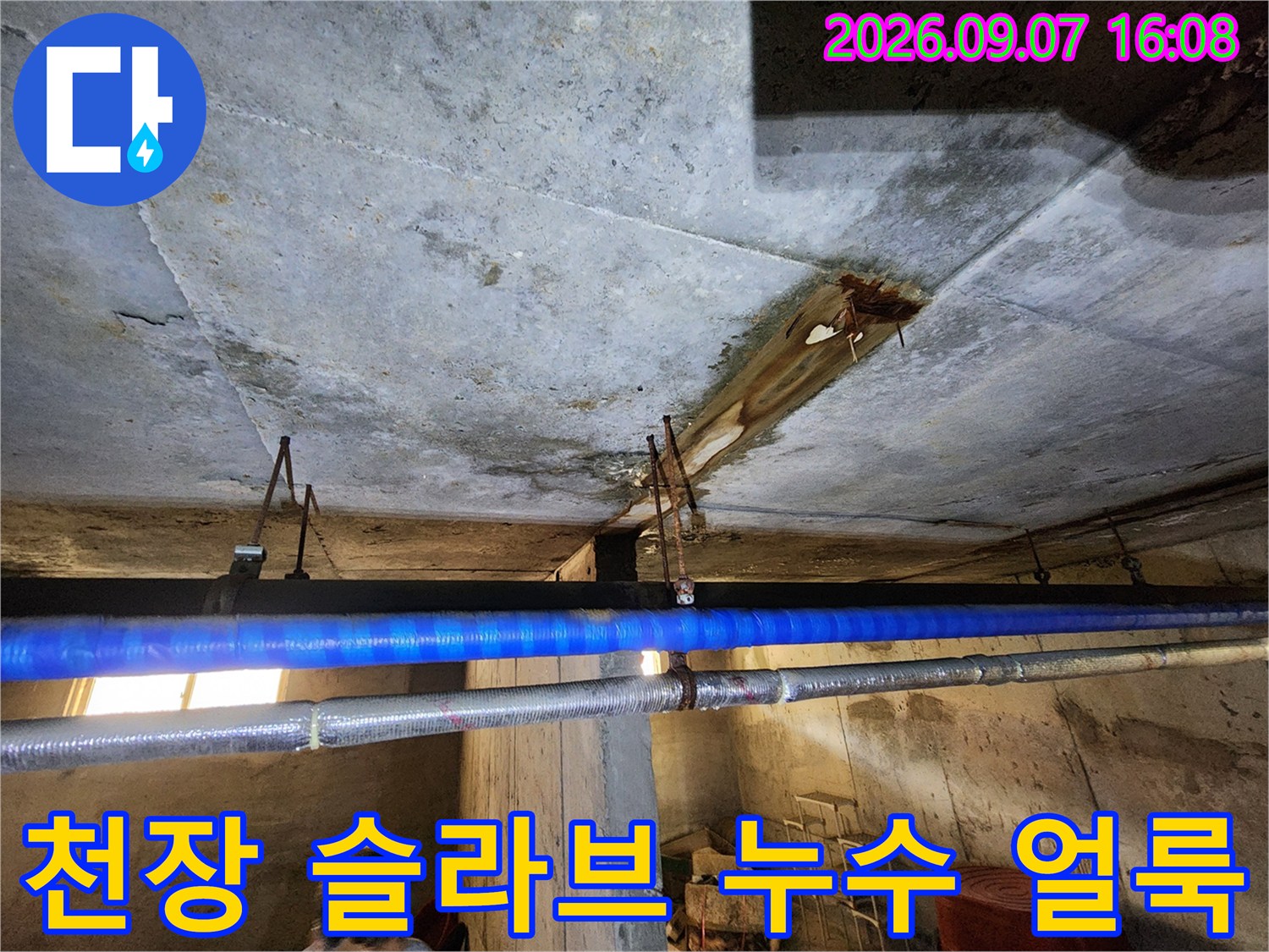 연천 전곡읍 지하층-누수로 인해 오염된 콘크리트 천장 모습