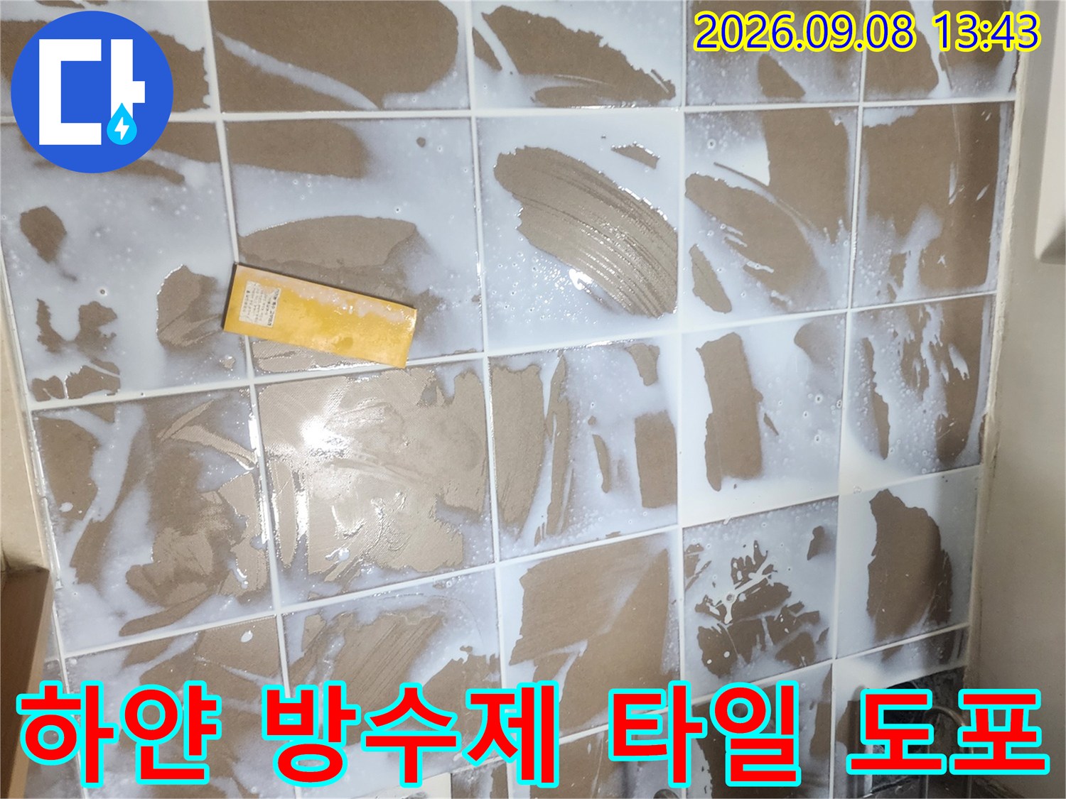 갈색 타일 위에 하얀색 액체 방수제가 칠해져 있는 모습입니다.