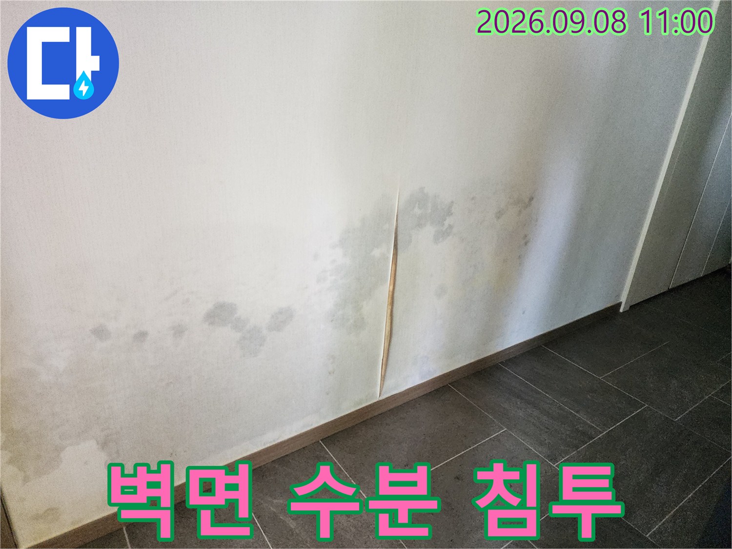 벽지 하단에-스며든 물기와 오염된 흔적