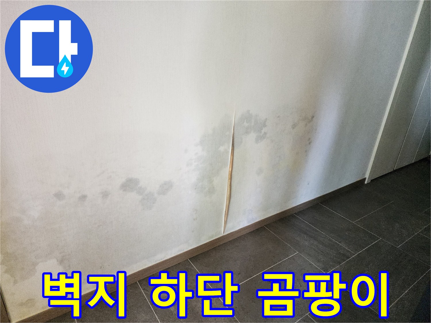 하얀 벽지-아래쪽으로 번진 회색빛 곰팡이 얼룩