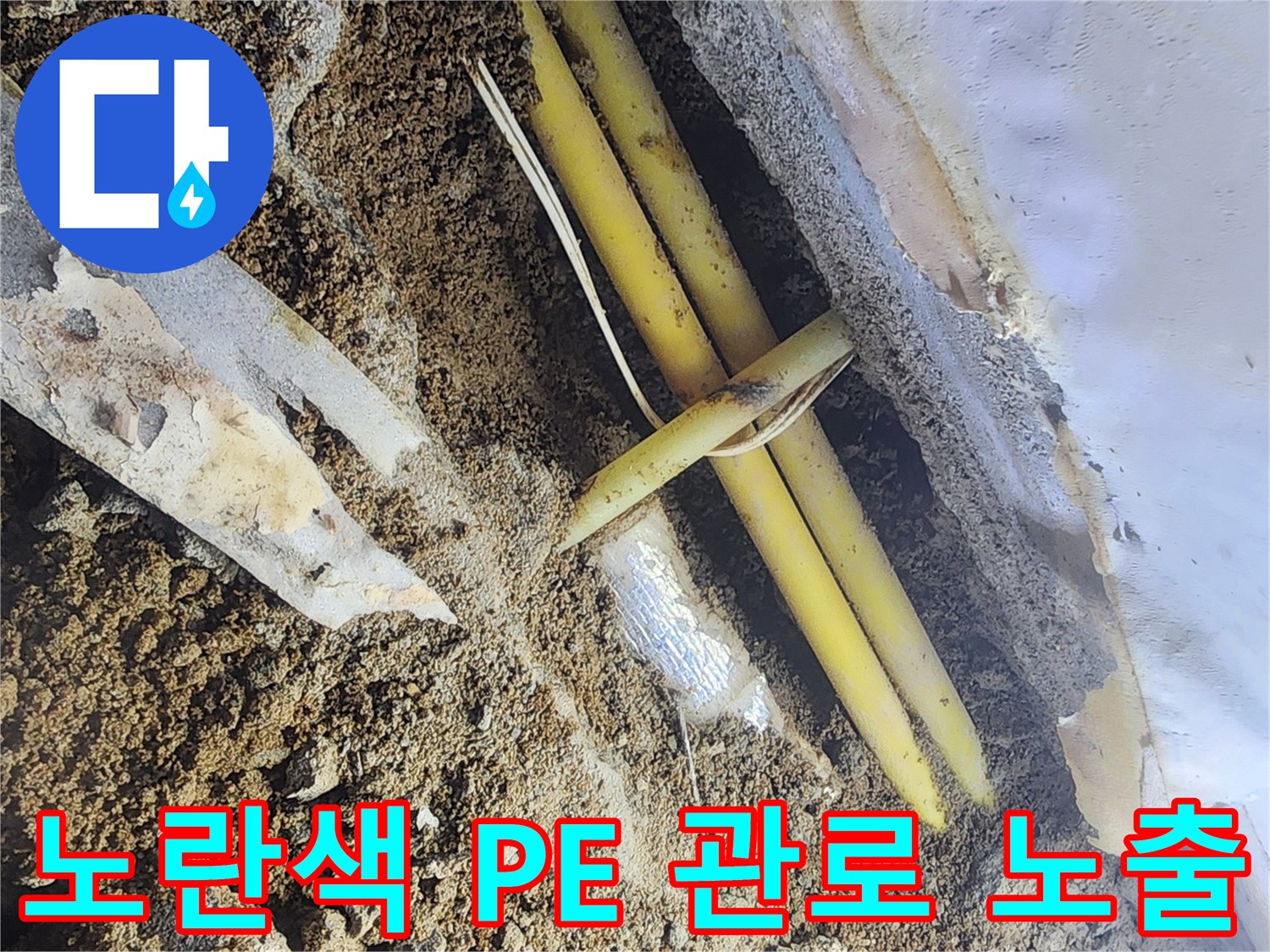 공사 중 드러난 손상된 상태의 노란색 PE 배관 구간