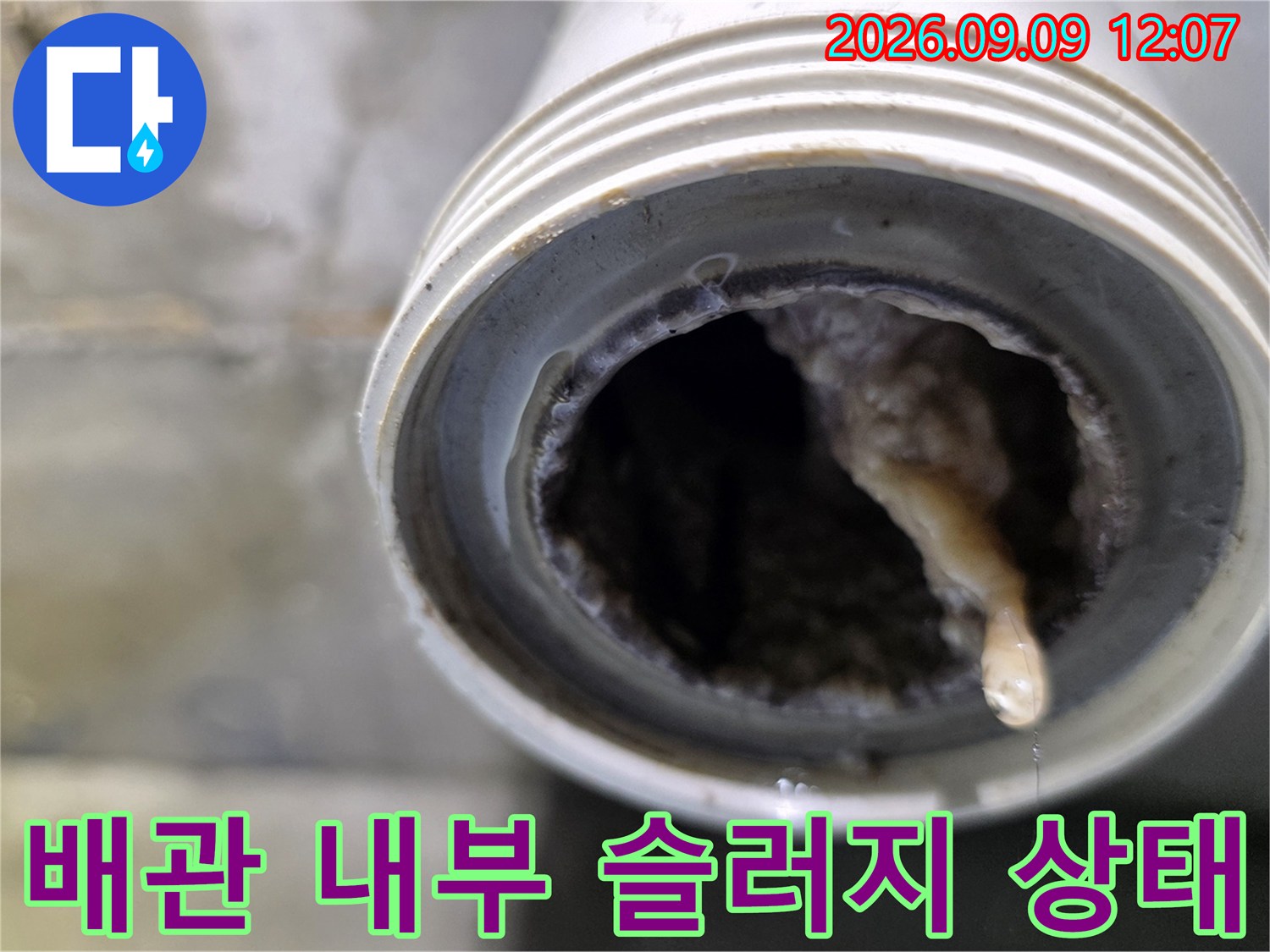 하수구 배관 내부에 쌓여 있는 오염된 슬러지와 이물질 모습