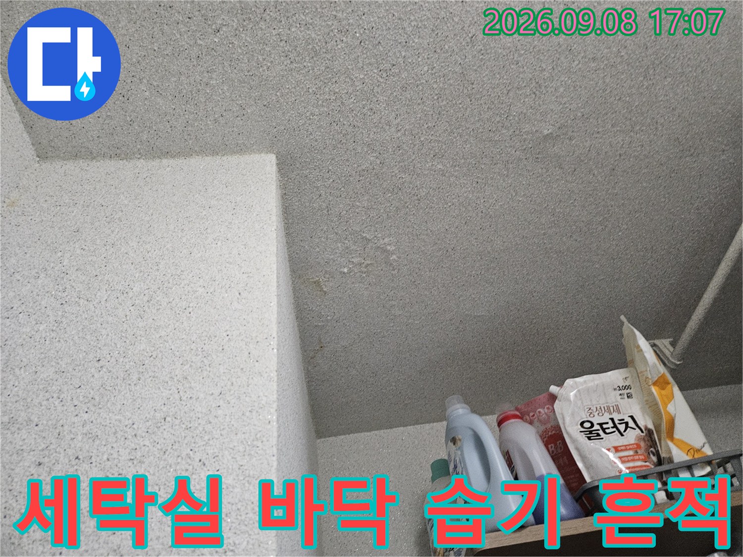 용인 처인구 세탁실 바닥의 눅눅한 습기 흔적과 얼룩