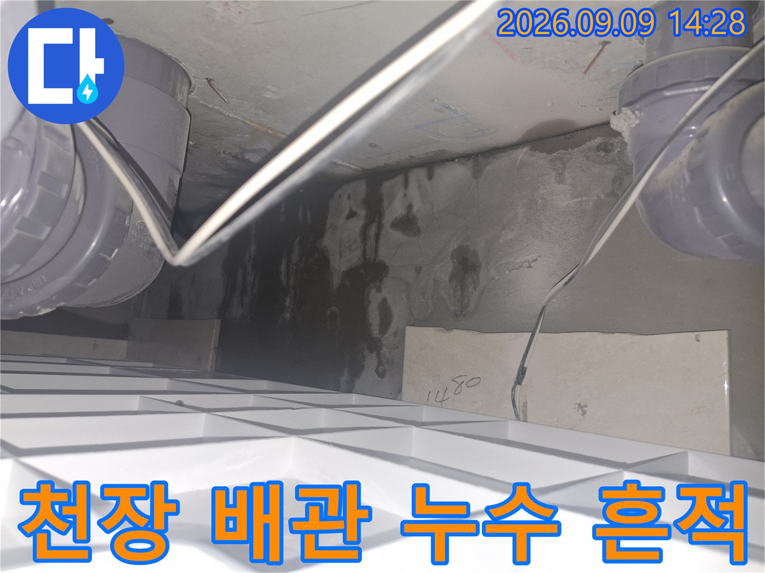 배관 주변에 나타난 검은색 물자국과 습기 오염 부위