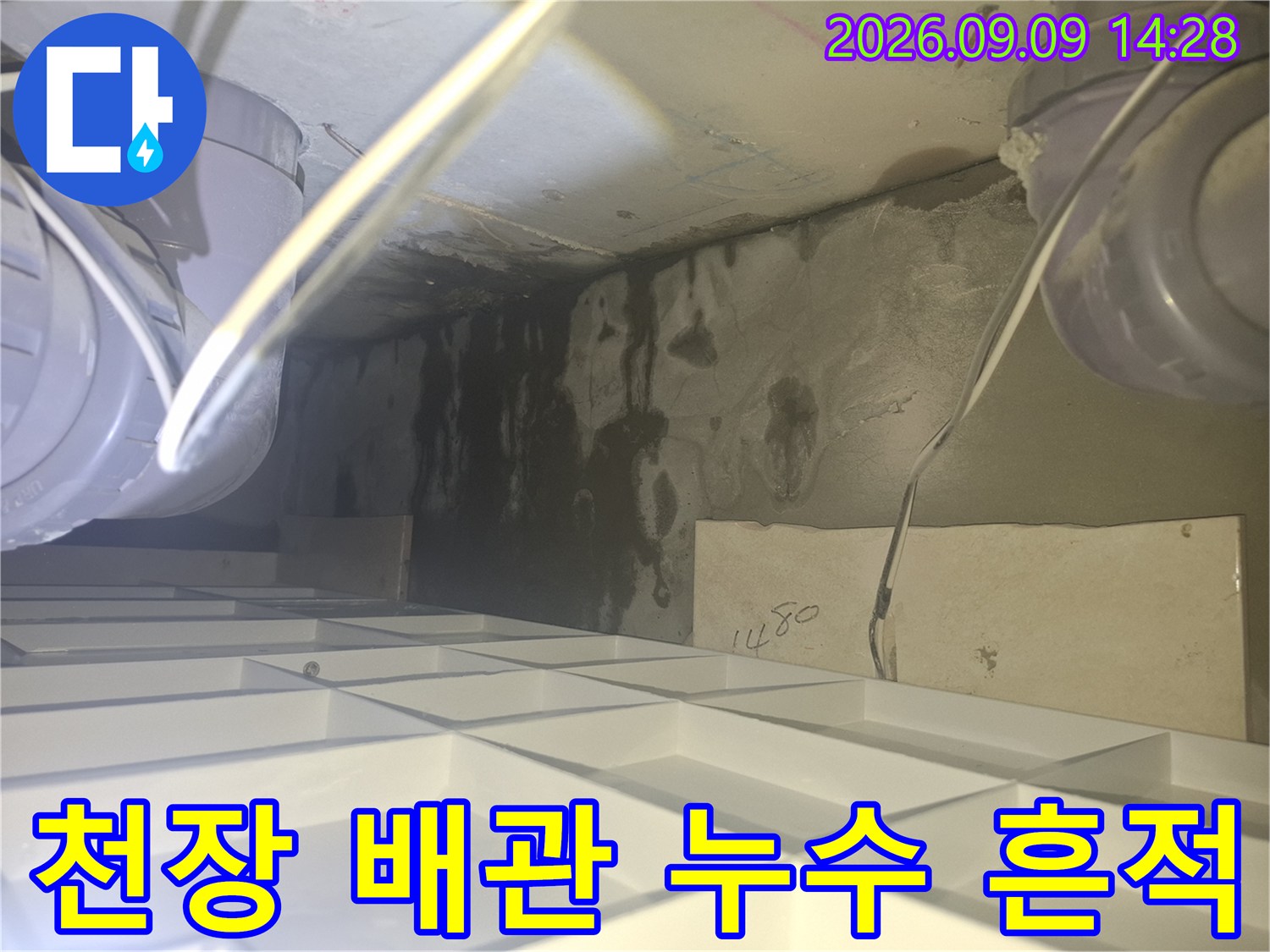 양주 삼숭동 현장의 화장실 천장 내부 배관 주변 얼룩 및 습기 상태