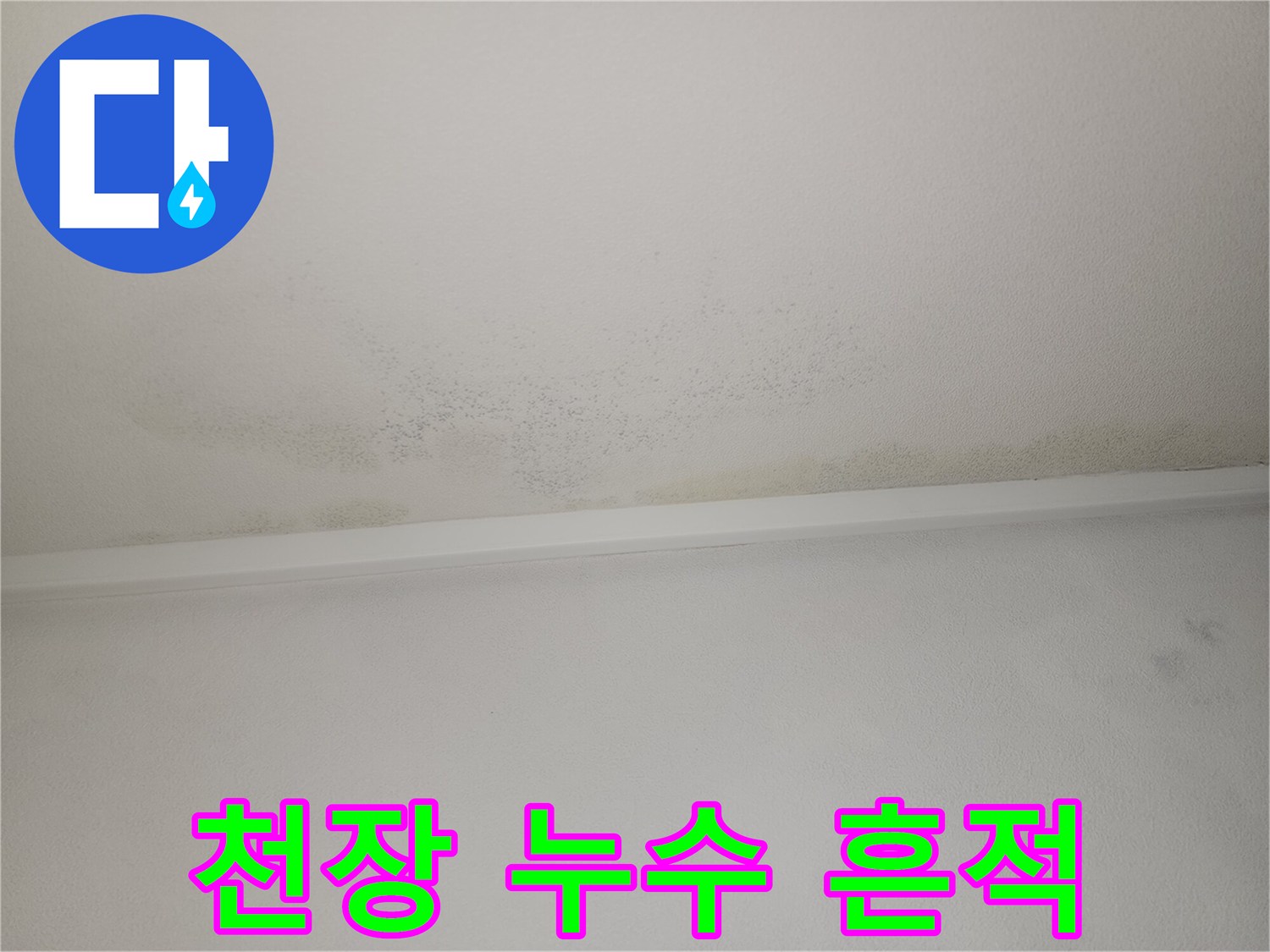 천장 벽면의 불규칙한 물자국 및 변색 상태