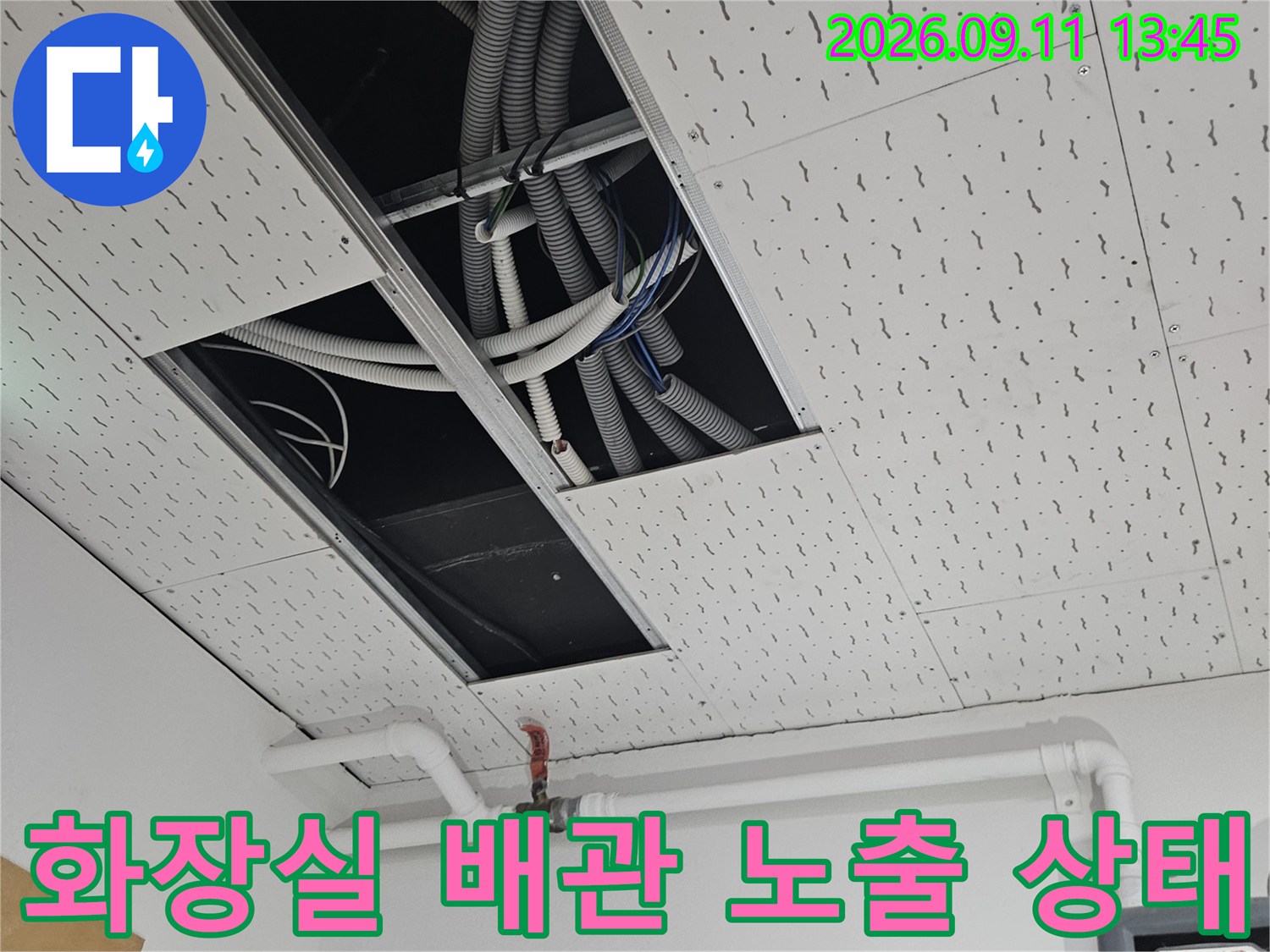화장실 벽면 개방 후-노출된 배관들을 정밀하게 검사하는 장면입니다.