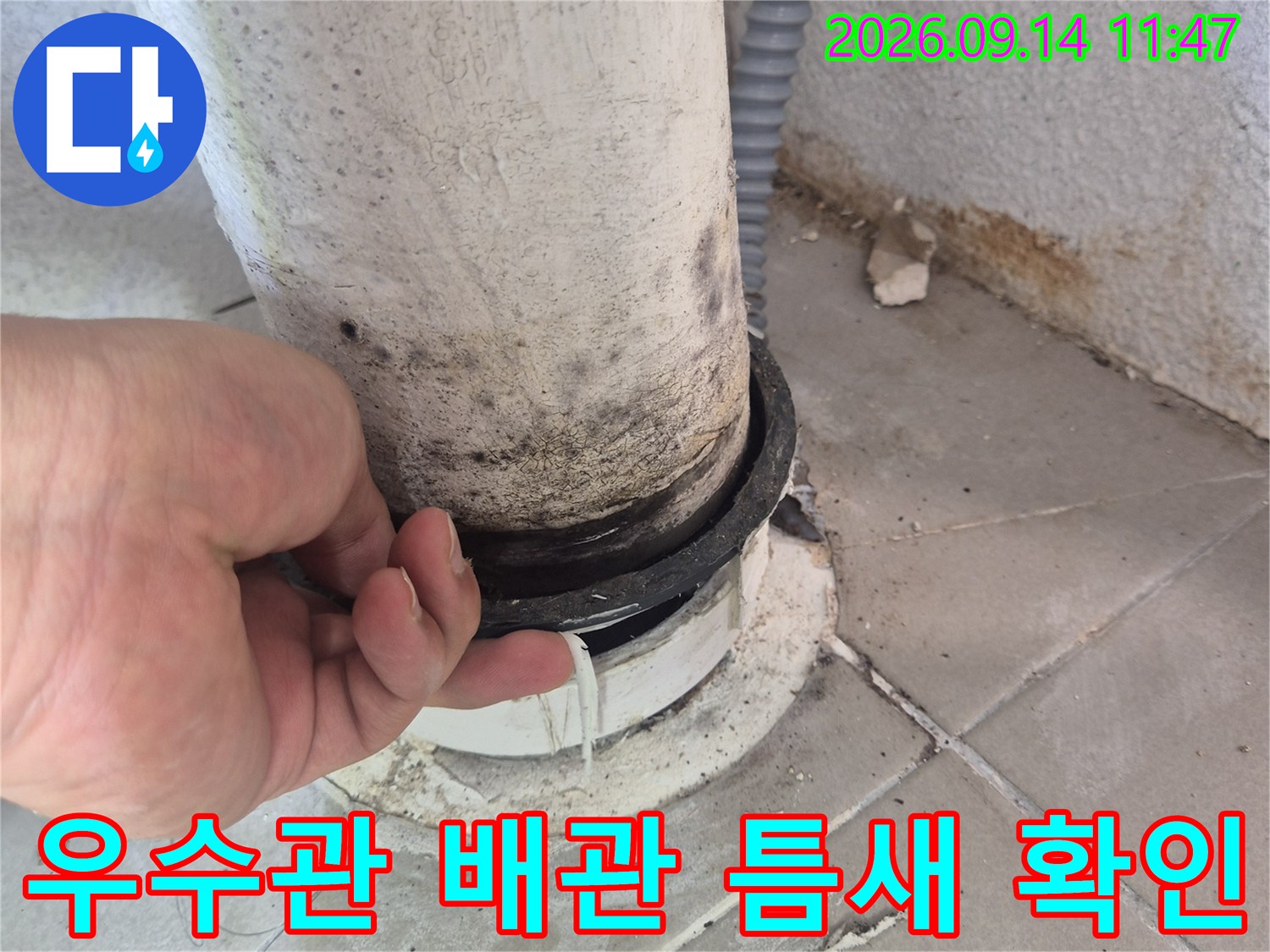 배관 주변의 오염된 부위와 틈새를 손으로 직접 점검합니다.