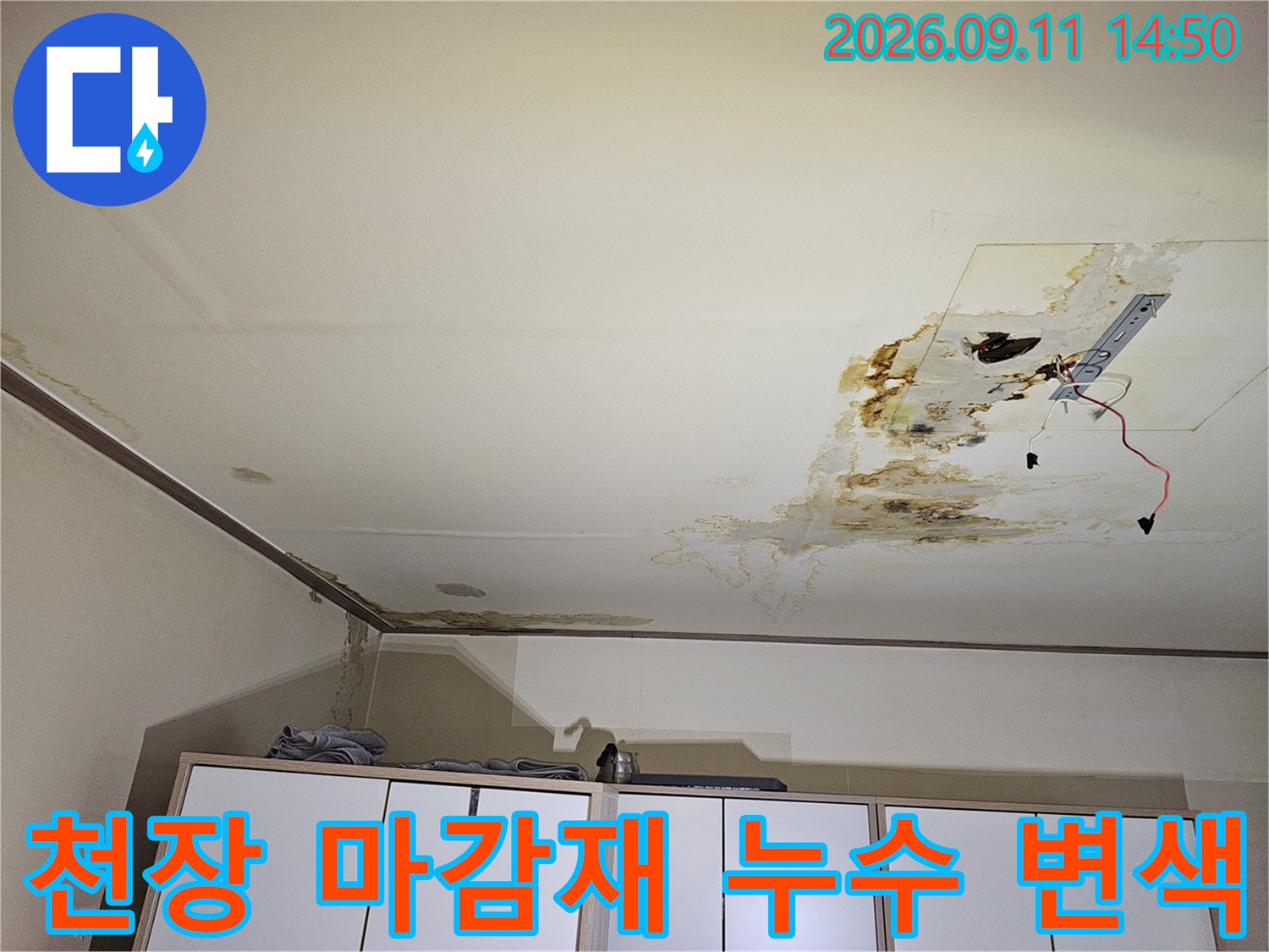 습기로 인해 노랗게 변하고 곰팡이가 번진 천장 마감재 부위