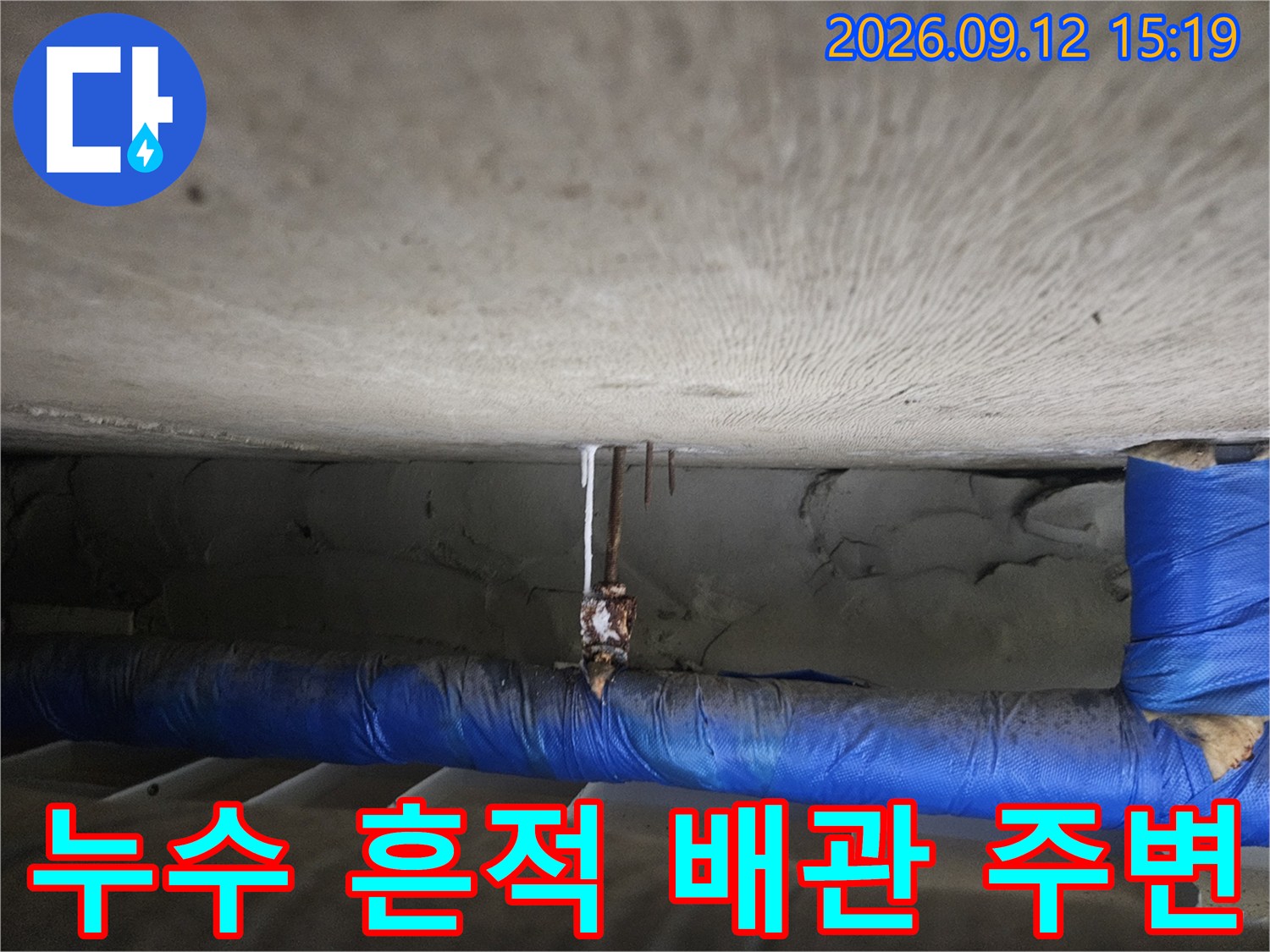 아래층 천장 누수 현장-젖어있는 콘크리트와 파란색 배관의 상태를 보여줍니다.