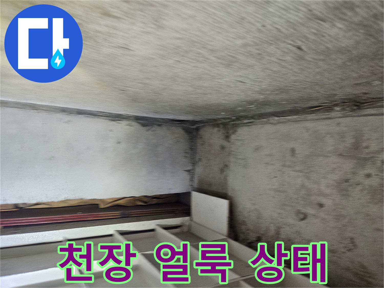 일산동구 장항동 현장의 물샘 흔적이 남은 콘크리트 천장 모습입니다.