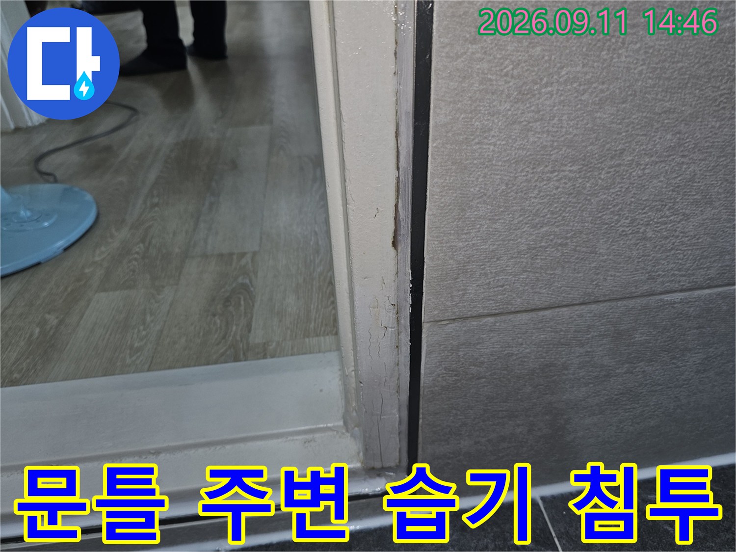 습기로 인해 젖어 있는 문틀 하단부와 벽면