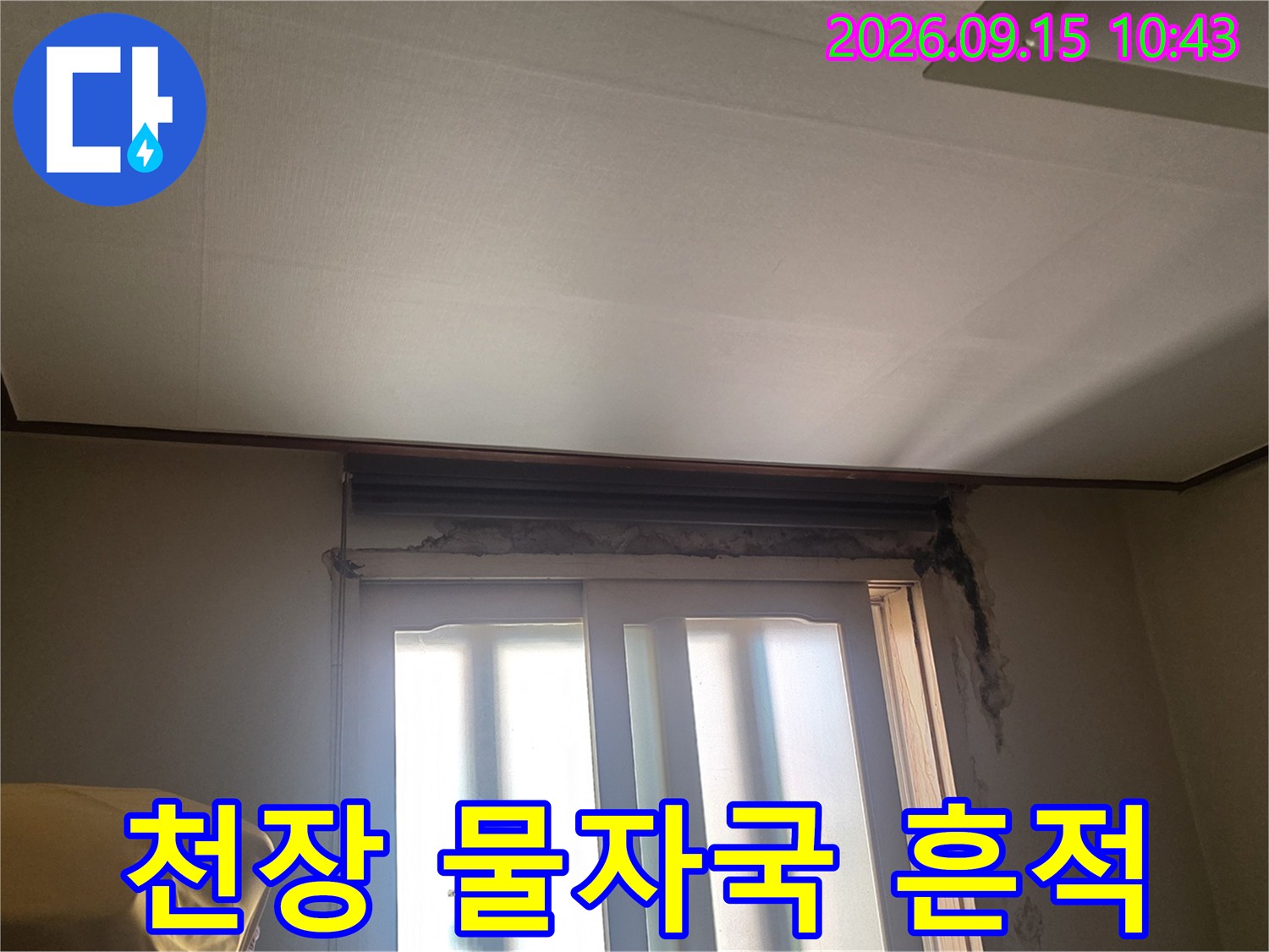 서초구 양재동 현장의 천장 물자국과 얼룩 상태를 보여주는 사진입니다.