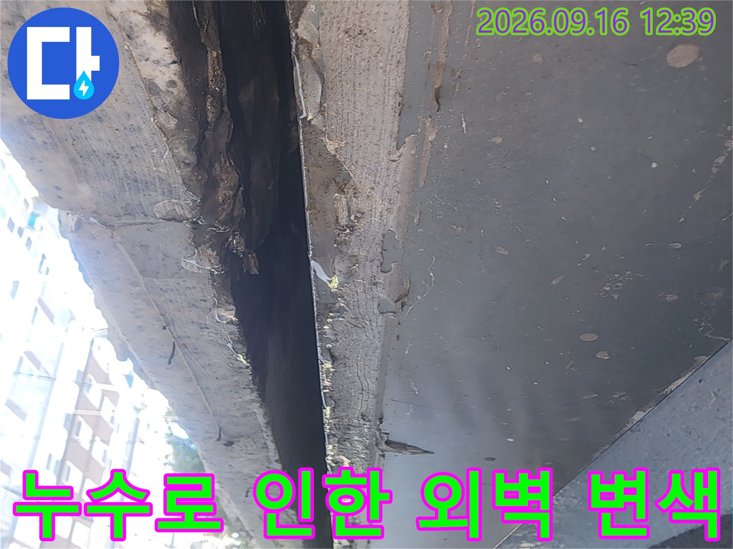 습기로 인해 어둡게 얼룩진 건물 외부 구조물 상세